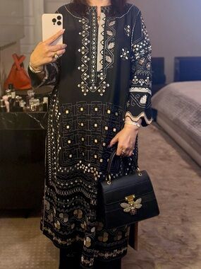 Black Embroidered Long Sleeve Maxi Dress with Metallic Accents